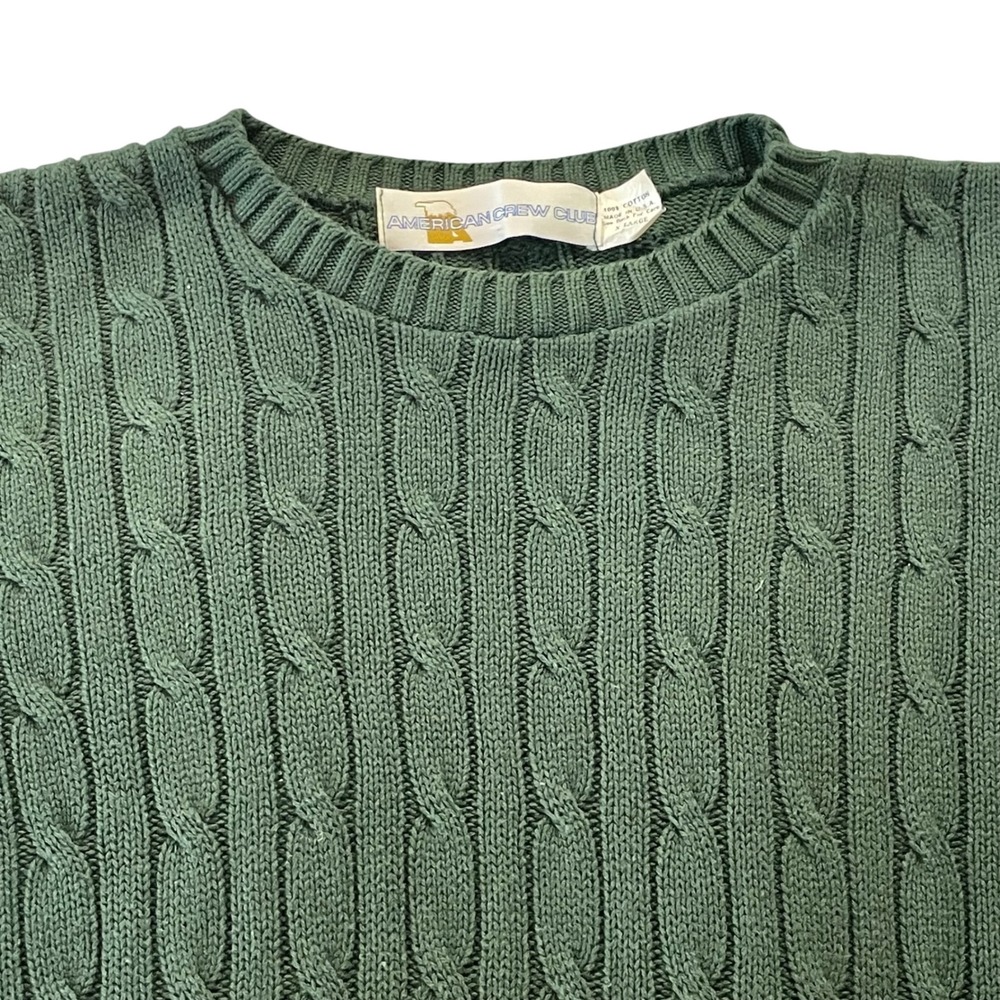 American Crew Club Vintage Green Cable Knit Sweater Mens XL Cotton Made in USA